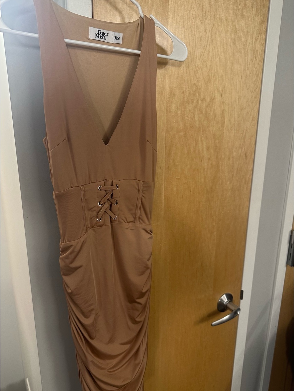 Tiger Mist Tan Lace-Up V-Neck Midi Dress